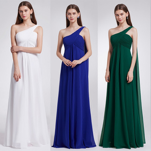 Cheap Prom Bridesmaid Dresses Blue White Long High Quality Chiffon One Shoulder Halter Evening Party Dresses HY152