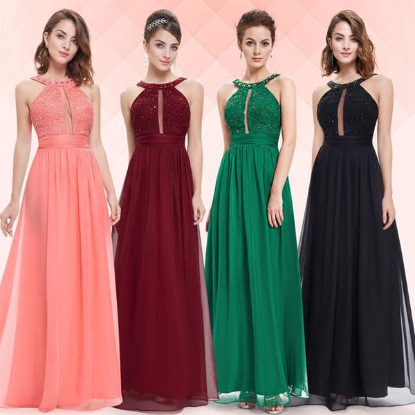 New Evening Dresses Red Black Chiffon Applique Beads High Quality Halter Strap Prom Party Dresses HY150