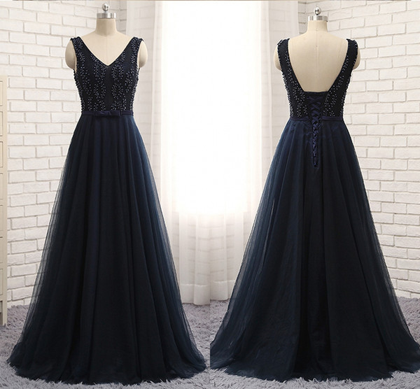 Free Delivery Of New High-end Heavy Manual Evening Dress Handmade Beaded Pearl Navy Lace Yarn Shoulder V Collar Backless Prom Party Dresses