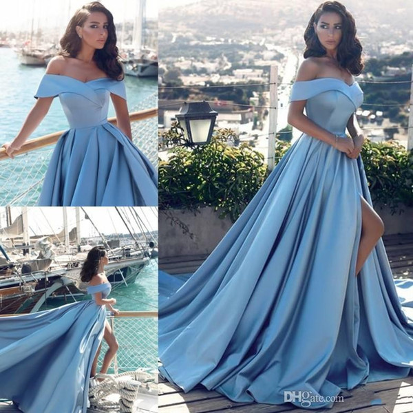 Cheap Arabic Light Blue Formal Prom Dresses Modern African Elegant Off The Shoulders Front Split Popular Evening Prom Gowns