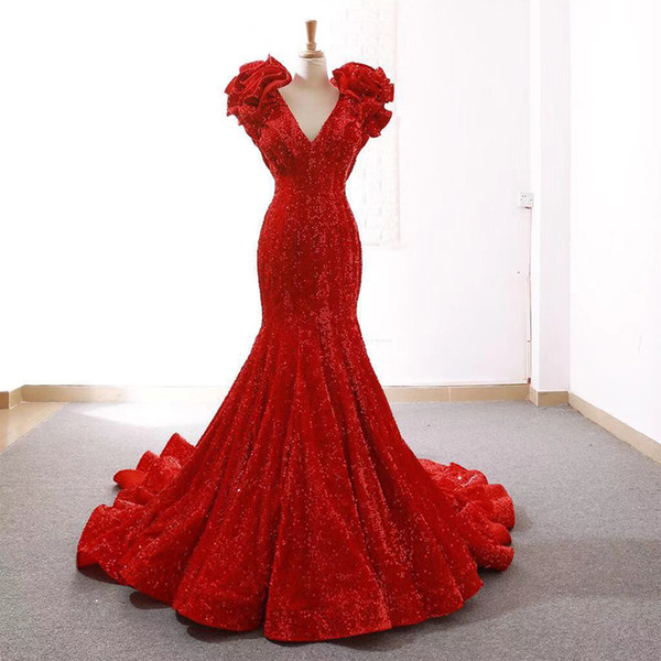 2022Newest Design Red Mermaid Party Prom Dress Long Deep V-Neck Flowers Cap Sleeves Dress Lace Up Back Trumpet Evening Dresses Croatia