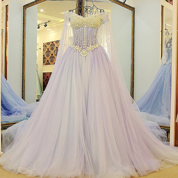 2022Beaded Dresses Evening Wear Shawl Sweep Train A Line Beading Pearls Blue Formal Evening Dresses With Long Cape Tulle As Photos