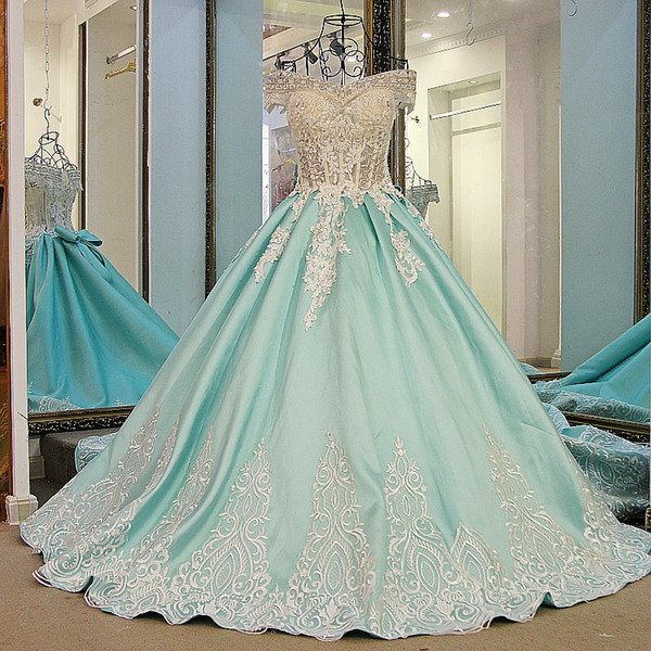 2022New Ball Gown Evening Dresses Lace Up Back Short Sleeves Lace Formal Evening Gowns Dresses Light Green Sweep Train Real Photos