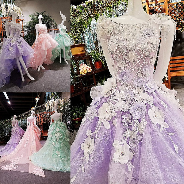 2022Short Front Long Back Evening Dresses Lace Up Back Flowers Pink Purple Green Lace Prom Party Dresses Real Photos Girl Pageant Dress