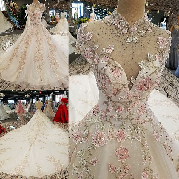 2022High Neck Evening Dresses High Neck Short Sleeves Lace Up Lace Flowers Ball Gown Open Back Luxury Evening Dresses Girl Pageant Dress