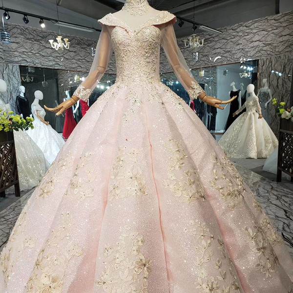 2022Latest Design Evening Dresses Long Tulle Sleeve Lace Up Back Illusion High Neck Sequins Hand Made Pattern Applique Muslim Formal Gowns