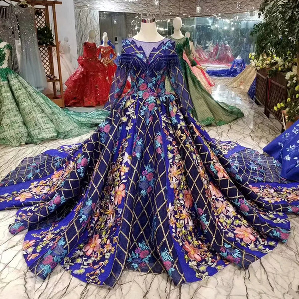 Dubai Colorful Evening Dresses With Long Train O-Neck Long Sleeves Luxury Party Dresses Long Women Occasion Prom Gown 2022Newesr Design