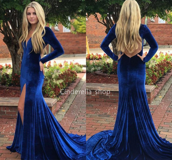 Royal Blue Velvet Mermaid Evening Dresses Long With Sleeves Bodice Hollow Back Prom Occasion Dresses Customized robe de soiree