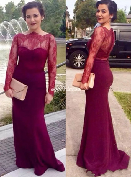 robes de soirée Burgundy Mermaid Evening Dresses Long Sleeve Bateau Sweep Train Lace Long Formal Prom Party Gowns Vestidos De Fiesta