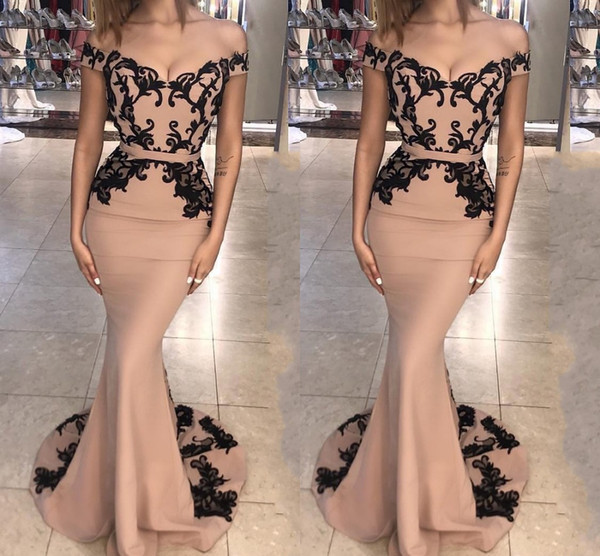 New Design Mermaid Evening Dresses Off Shoulder Appliques Lace Sweep Train Modest Formal Arabic Evening Party Pageant Gowns Customized