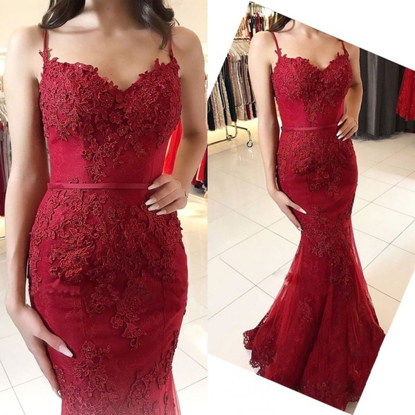 New Burgundy Mermaid Lace Evening Dresses Spaghetti Appliques Sweep Train Formal Arabic Prom Party Pageant Gowns Vestidos de fiesta