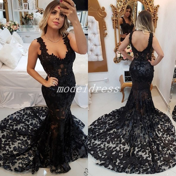 Sexy Black Mermaid Evening Dresses Spaghetti Backless Sweep Train Full Lace Abiti da sera Illusion Bodice Formal Prom Party Gowns