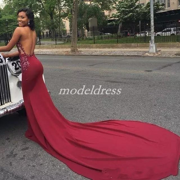 Dark Red Backless Mermaid Evening Dresses Halter Court Train Appliques Beads Sexy Formal Prom Party Gowns vestidos de fiesta Cheap