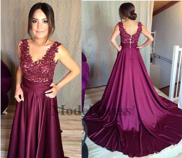 Grape Sleeveless A Line Evening Dresses V Neck Lace Top Sexy Low Back Long Prom Gowns Vintage Party Dresses Satin Vintage Style