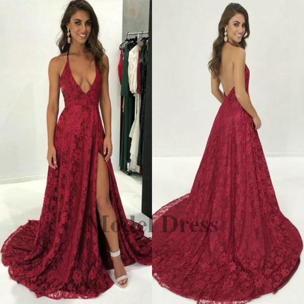 Hot Sell Burgundy Lace Evening Dresses Sexy Deep V Neck Spaghetti Straps Split Prom Gowns Party Occasion Pageant Dress Arabic