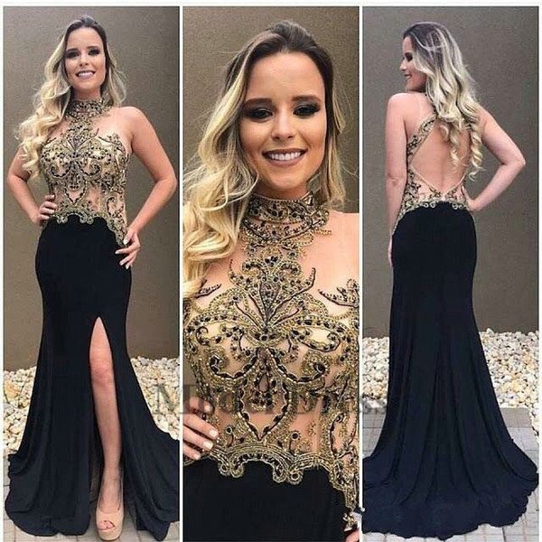 High Neck Black Evening Dresses Illusion Top Appliques Gold and Black Beaded Keyhole Backless Long Prom Gowns Split Robe de soriee