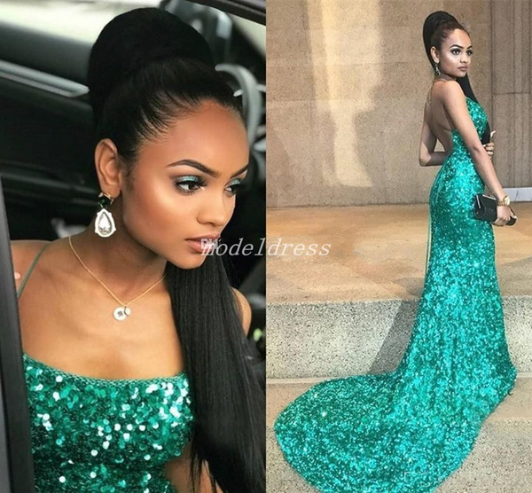 Sparkly Hunter Sequined Mermaid Evening Dresses Backless Spaghetti Criss Cross Straps Sweep Train Arabic Formal Prom Party Gowns Cheap 