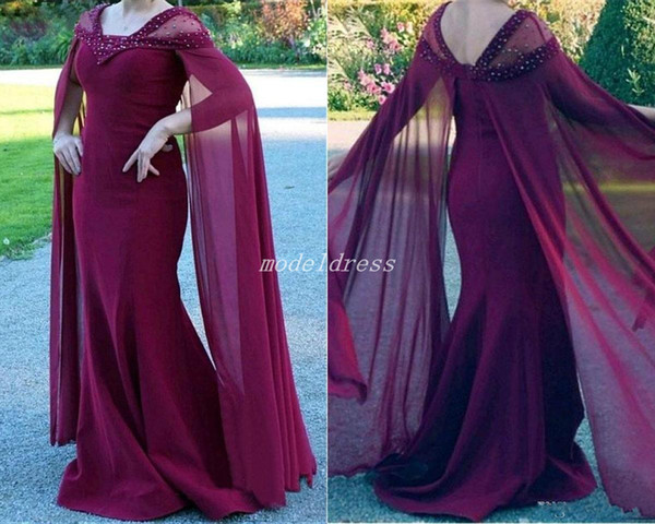 Burgundy Mermaid Evening Dresses Long Sleeve Crystal Beads Formal Prom Party Gowns Special Occasion Dress Plus Size Cheap