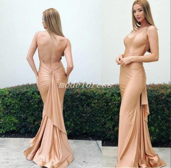 Champagne Sexy Back Mermaid Evening Dresses Spaghetti Backless Draped Ruffles Formal Prom Party Gowns Special Occasion Dress Cheap