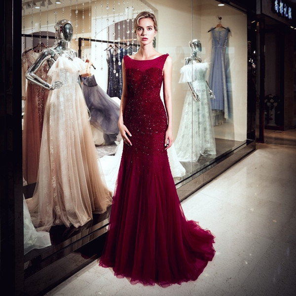 Sparkling Wine Red Mermaid Evening Dresses Sweep Train Long Prom Dresses Soft Tulle with Shining Sequins Beads