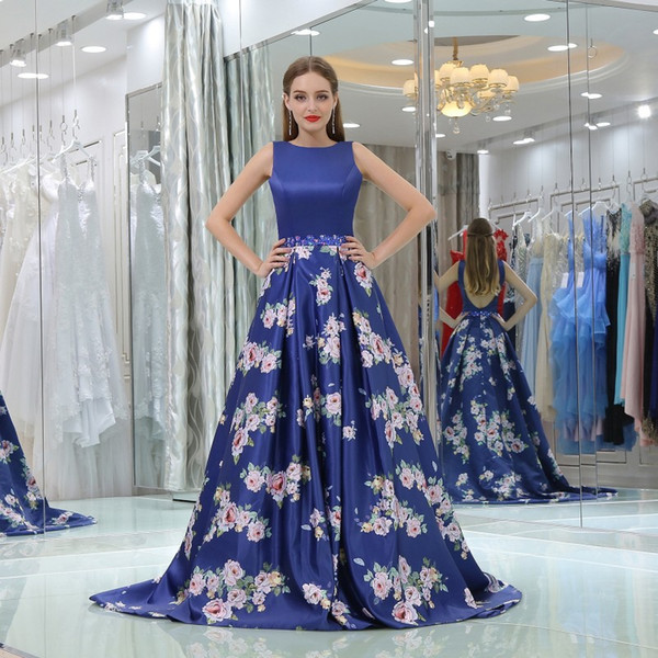 Elegant Blue Evening Dresses Backless Sweep train Floral Printing Long Prom Dress Elegant Mother's Dress Top Quality 