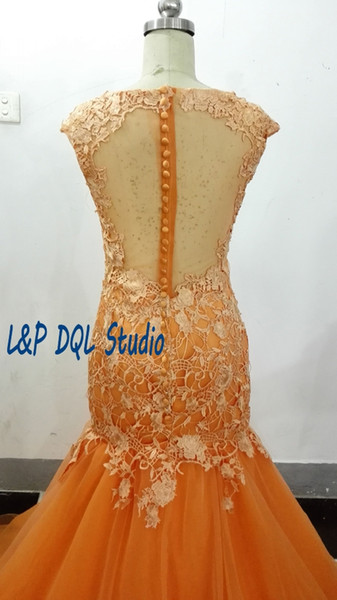 Orange Mermaid Evening Dresses Court Train Fancy Prom Dresses Soft tulle with Floral Lace Crew Sleeveless L&P DQL Studio