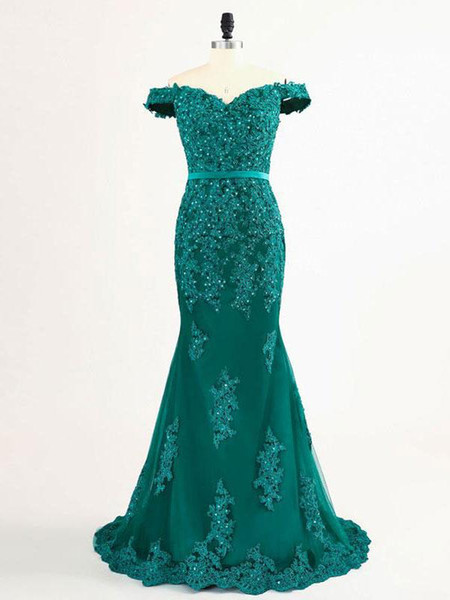 Off Shoulder Mermaid Evening Dresses Dark Green Pleats Tulle Applique with beads Sequins Sweep Train Long Prom Dresses