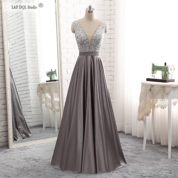 Sparkling Evening Dresses Scoop V-Back Floor Length Satin Long Formal Dresses Shining Sequins Beads Top Real Pictures