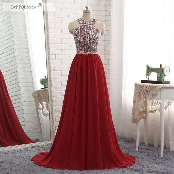 2017 F/W New Bling Bling Dark Red Chiffon Long Evening Dresses Sparkling Beads Sequins Zipper back Sweep Train Prom Pageant Dresses