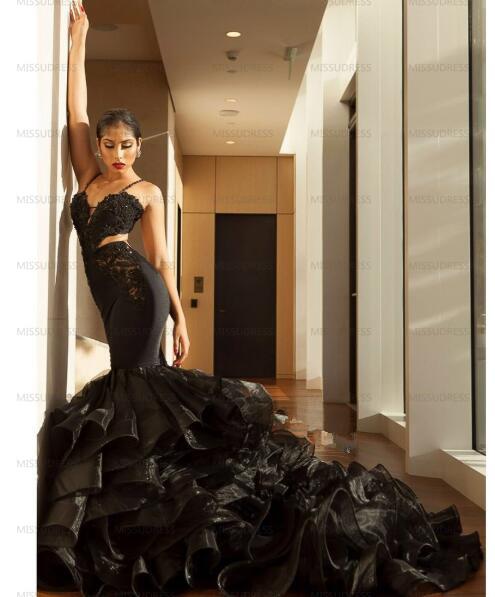 Black Mermaid Evening Dress Ruffles Organza Sexy Appliques women African Pageant Formal Party Gowns Prom vestidos