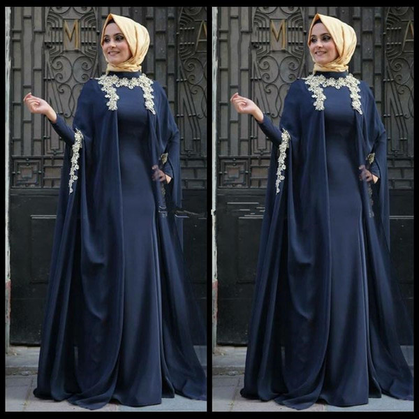 Robe de soiree Saudi Arab Navy Blue Evening Dresses Appliques Abaya Dubai Full Sleeve Muslim Kaftan