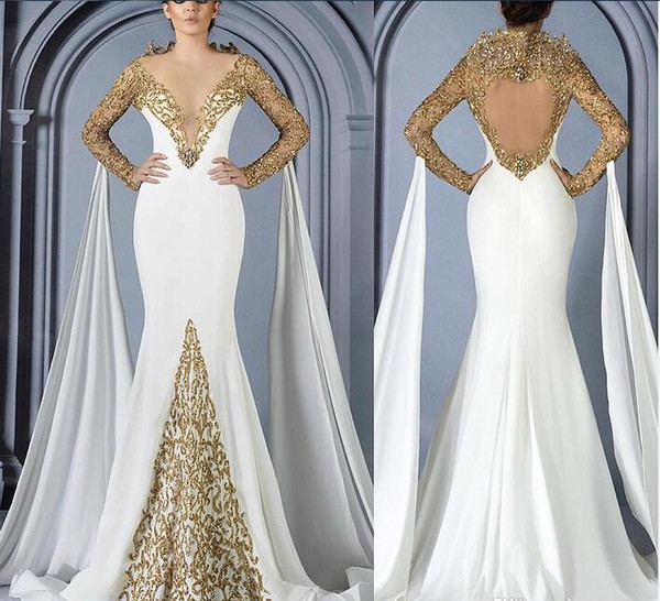 Evening Dresses With Long Sleeve Gold Lace Appliques Mermaid Celebrity Dress Sweep Train Formal Evening Gowns Arabic