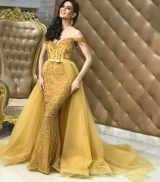 Mermaid Evening Dresses Gold Arabic Dubai Detachable Skirt Elegant Off Shoulders Sequins Beaded evening prom gowns Formal Pageant Gown