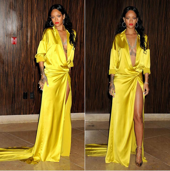 Yellow Fashion Sexy Deep V neck Evening Dresses Long sleeve Sweep train Slit side Custom made Red carpet Celebrity Dress