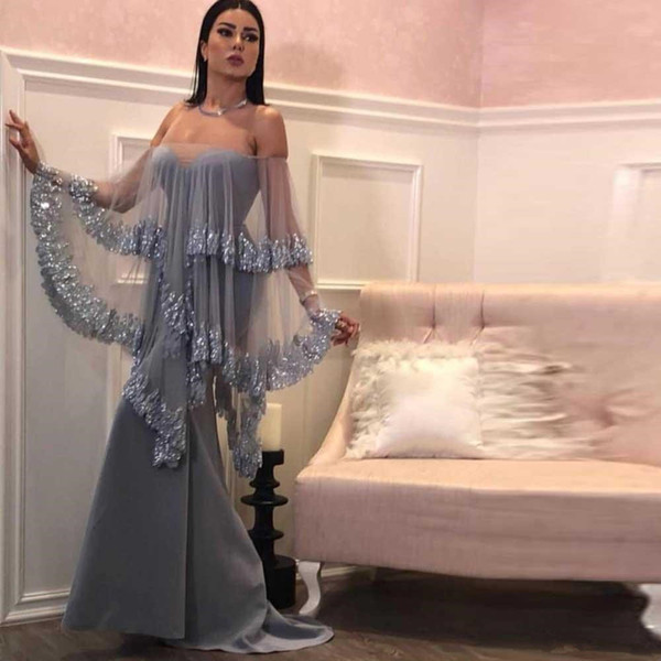 Sexy Mermaid Evening Dresses Off Shoulder Arabic Lace Appliques Sequined Dubai Prom Gown Long Satin Evening Wear