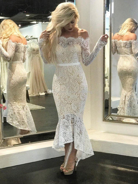 White Nude Lace Mermaid Evening Dresses Off Shoulder Long Sleeves Tea Length High Low Black Prom Dresses Short Party Dress