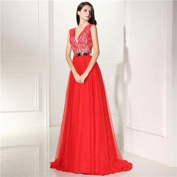 Formal evening dresses for woman long red v neck lace a line evening gown girls prom dresses 