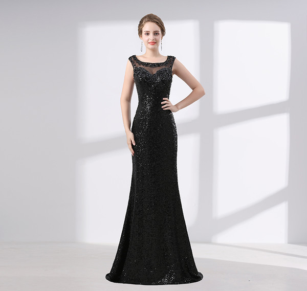 Black sequin evening dresses mermaid fit sheer neck elegant evening gown woman formal dresses evening wear real photos