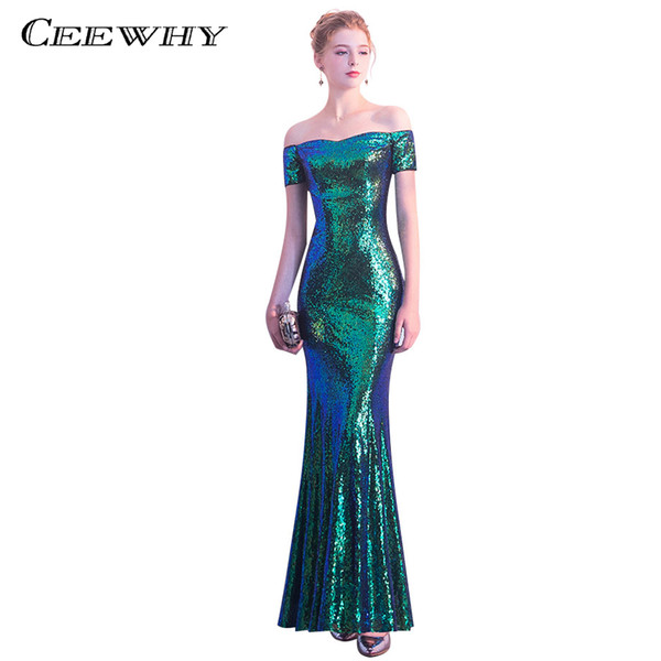 CEEWHY Short Sleeve Luxury Mermaid Evening Dresses Long Prom Dress Abendkleider Green Sequined Evening Gowns Long Formal Dress