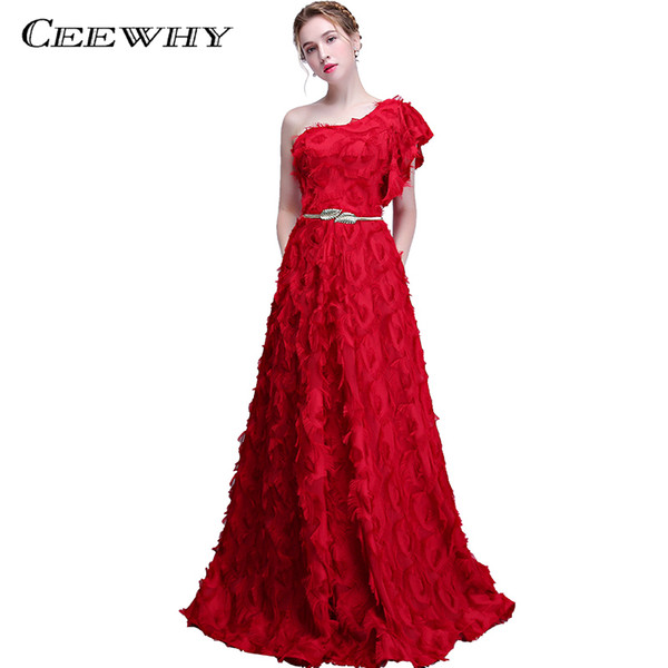 CEEWHY Vestido de Festa One Shoulder Evening Dress with Belt tassel Novelty Formal Dress Burgundy Red Evening Gowns with Pocket