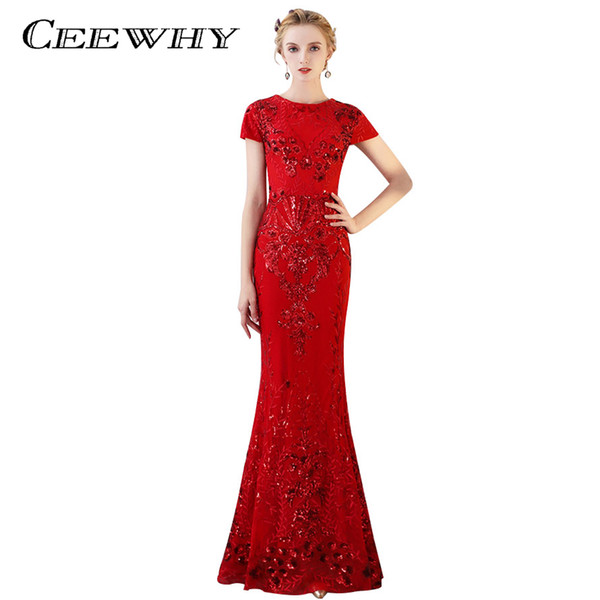 CEEWHY O-Neck Short Sleeve Mermaid Dresses Eveing Long Prom Gowns Sequined Evening Party Dresses Robe de Soiree Longue