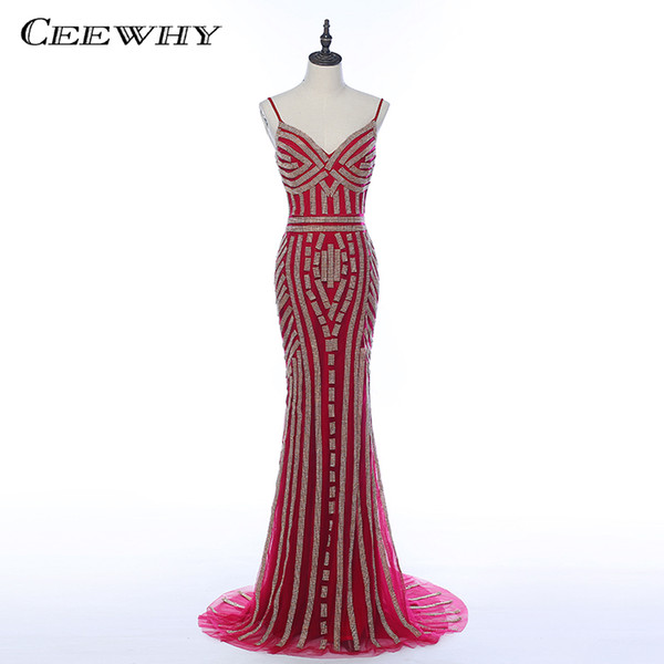 CEEWHY Luxury Dubai Mermaid Evening Dresses Backless Long Party Gowns Spaghetti Straps Robe De Soiree Beading Evening Gowns