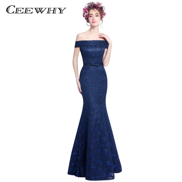 CEEWHY Boat Neck Mermaid Evening Dress Long Navy Blue Formal Dress Vestido de Festa Evening Gown Abendkleider Vestido de Noche