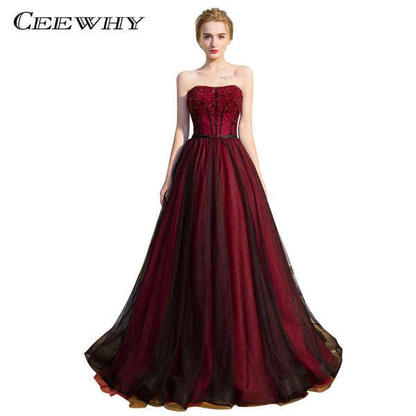 CEEWHY Burgundy Beading Evening Dresses Prom Dresses Long Formal Evening Gown Robe De Soiree Strapless Vestido de Festa