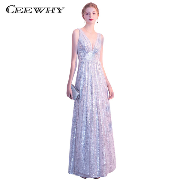 CEEWHY Silver Deep V-Neck Vestido de Noche Elegant Evening Dress Long Formal Gowns Sequined Evening Gowns Christmas Party Dress