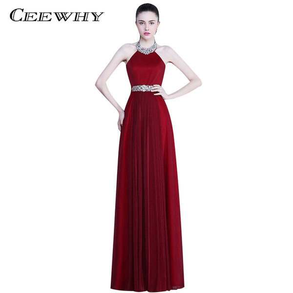 CEEWHY Red Burgundy Long Evening Dress Crystal Prom Dresses Abendkleid Vestido Longo Party Elegant Formal Evening Gowns Dresses