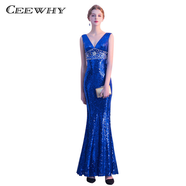 CEEWHY V-neck Blue Vestido de Festa Abendkleider Mermaid Evening Dresses Prom Dresses Sequined Evening Dress Long Evening Gown