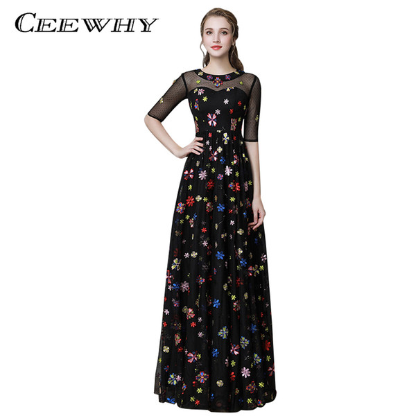 CEEWHY O-Neck Floral Embroidery Black Evening Dresses Long Prom Dresses Abiye Vestido de Noche Vintage Evening Dress Half Sleeve