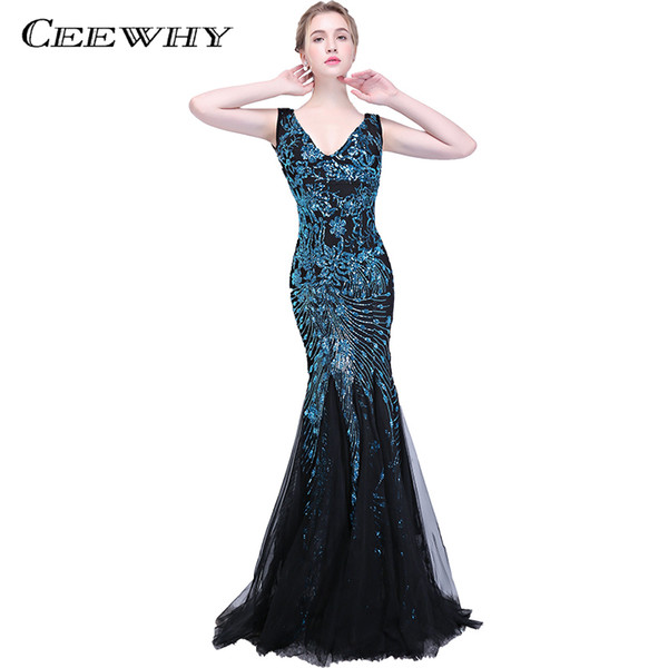 CEEWHY Deep V-Neck Luxury Evening Gowns Robe de Soiree Sequins Mermaid Evening Dresses Long Vestido de Festa Abiye Prom Dress