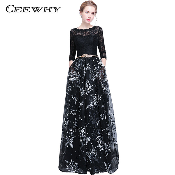 CEEWHY Three Quarter Sleeve Floral Vintage Prom Dresses Long Evening Dress Elegant Evening Party Lace Dress Abendkleid